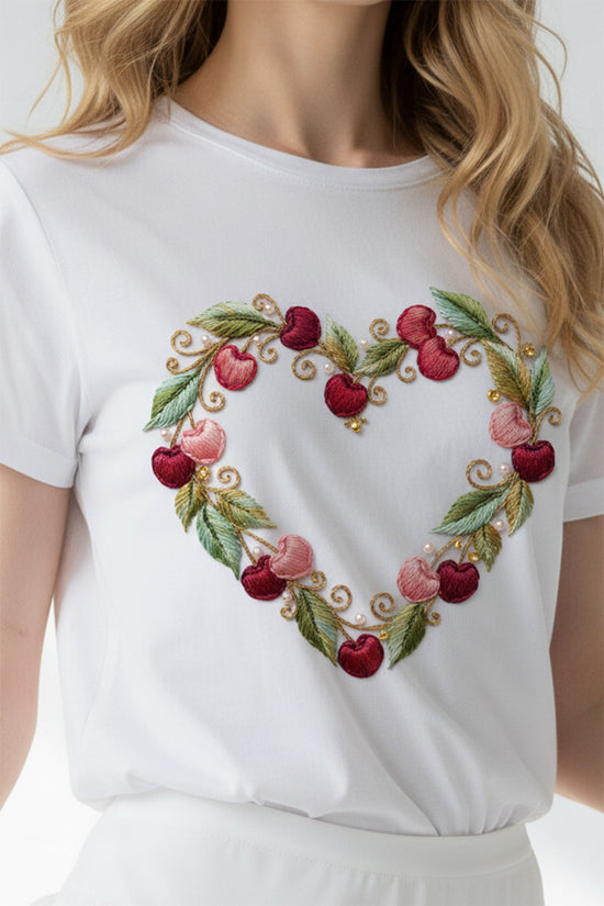 Heart of Cherries Embroidered T-Shirt