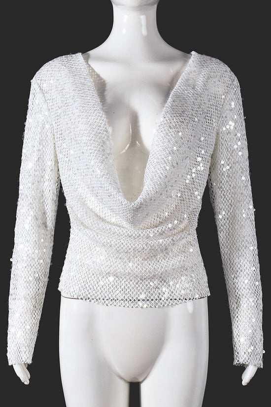 Plunging Sequin Long Sleeve Blouse