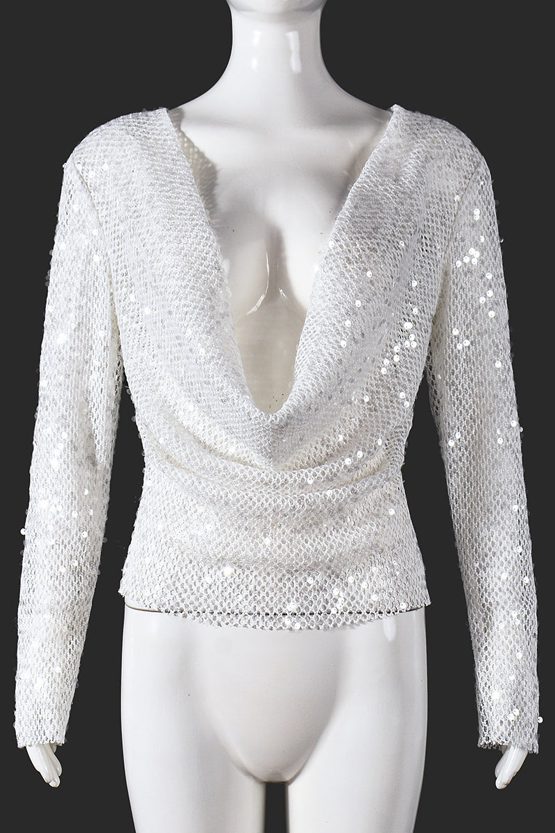 Plunging Sequin Long Sleeve Blouse