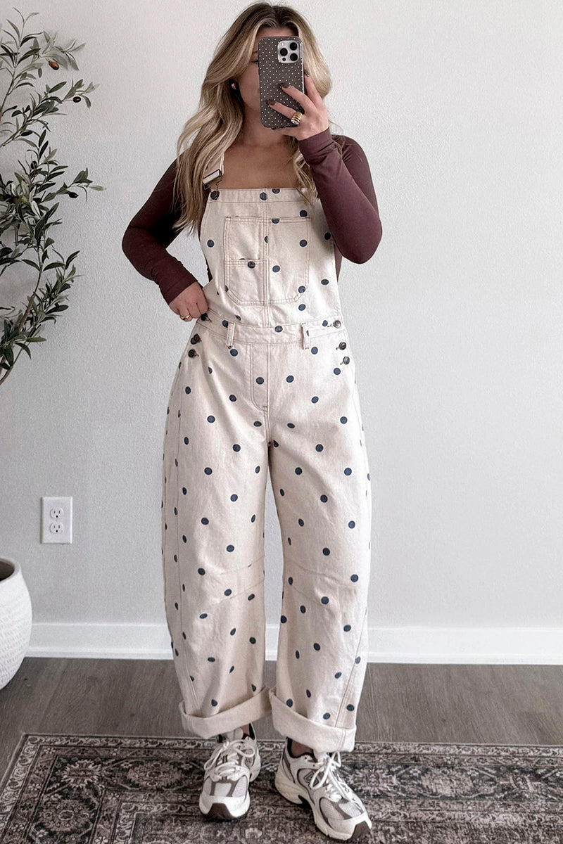 Polka Dot Denim Barrel Overalls Jumpsuit