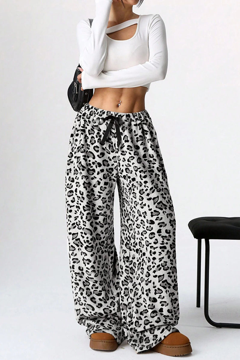 Leopard Print Drawstring Casual Pants