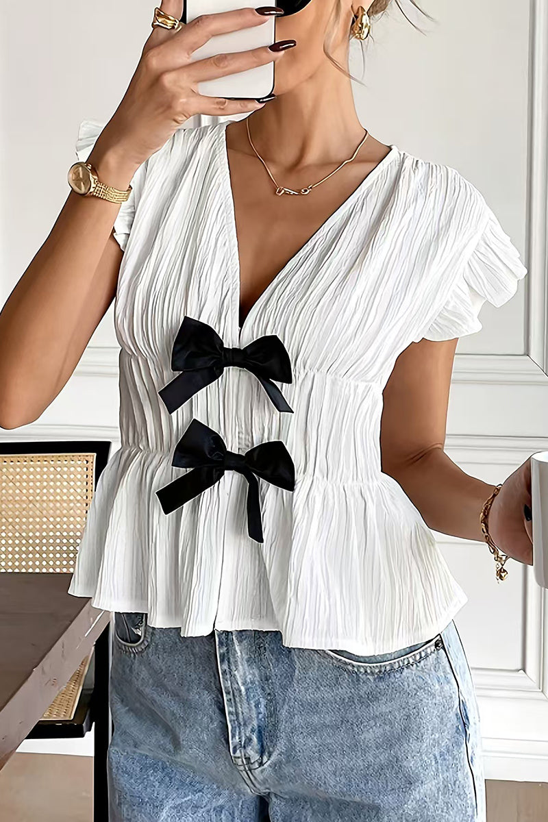 Peplum Bow Accent V-Neck Short Sleeve Top