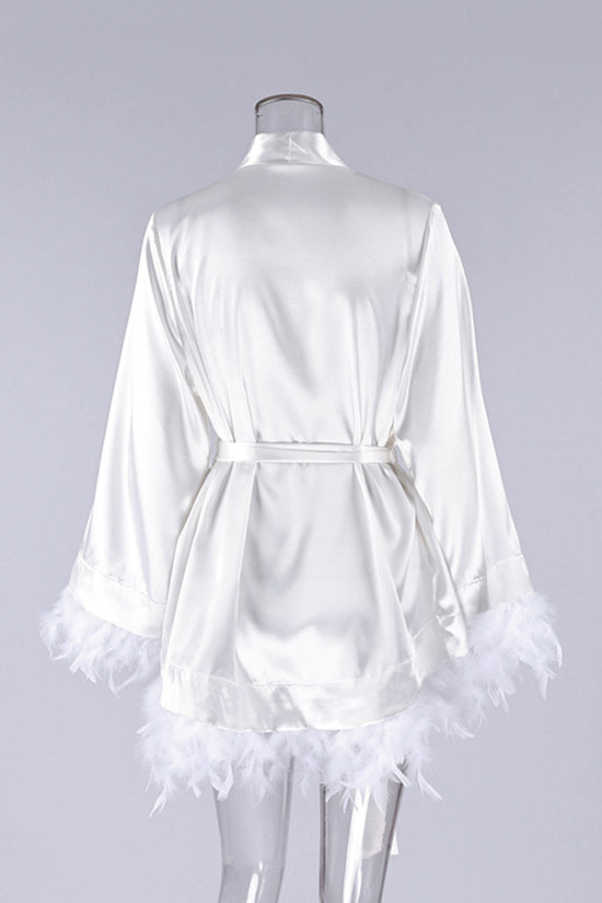 Feather Trim Belted Loungewear Robe