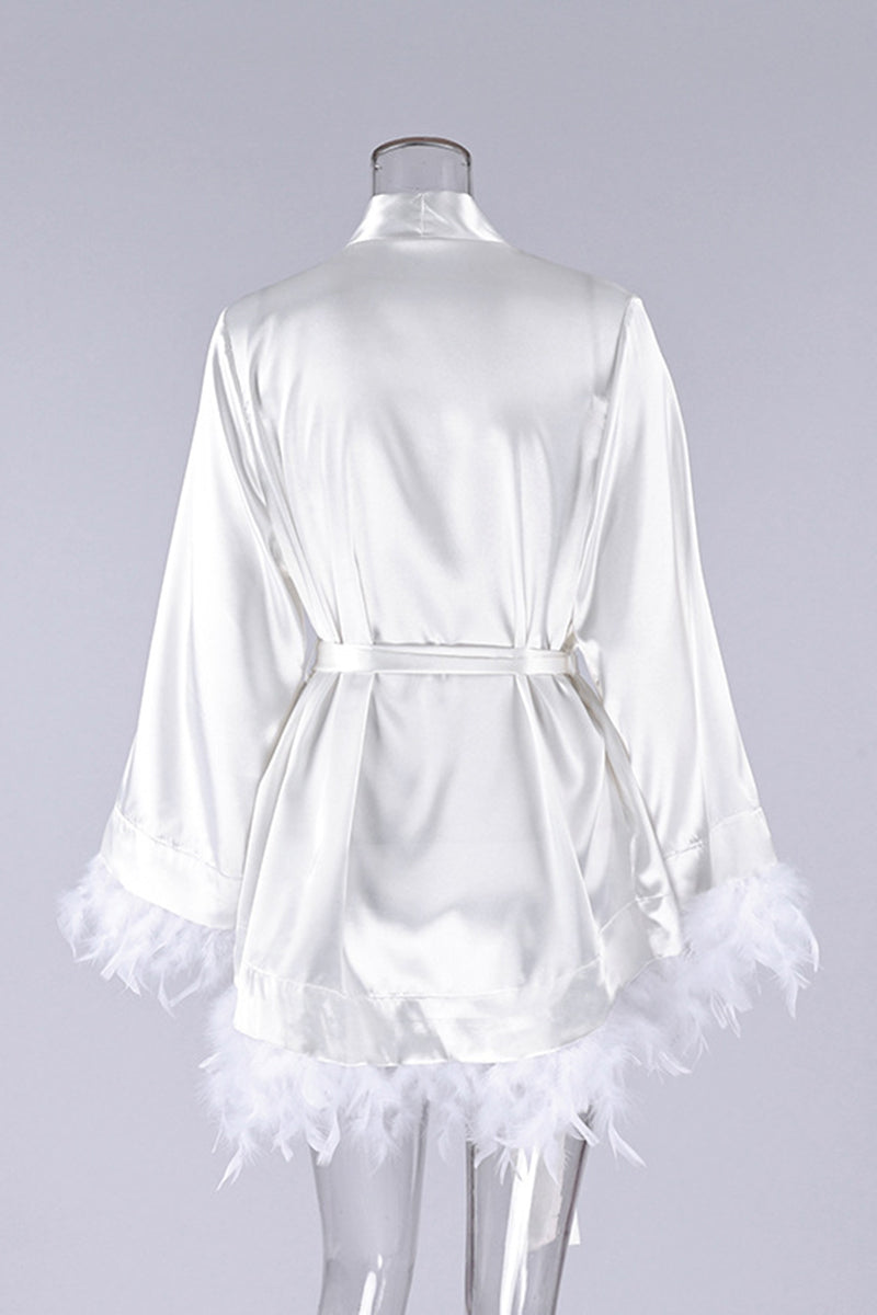 Feather Trim Belted Loungewear Robe