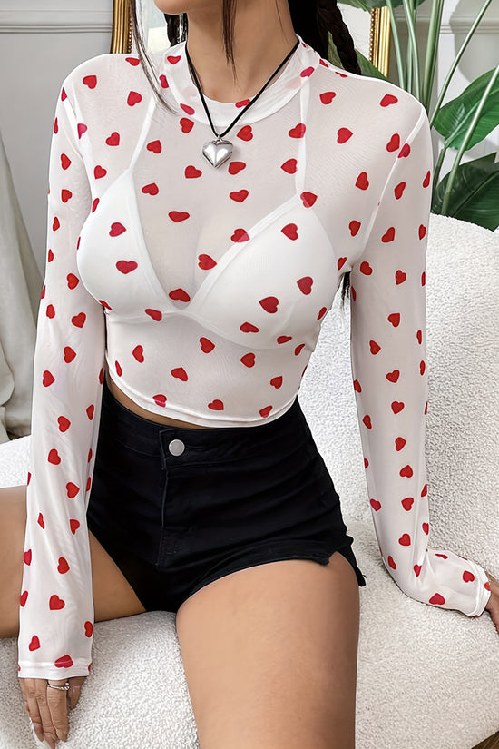 Heart Print Sheer Long Sleeve Top