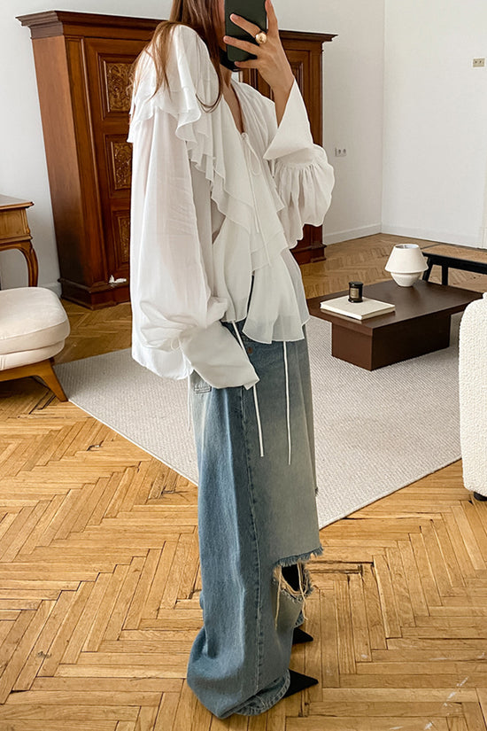 Ruffled Deep-V Long Sleeve Blouse