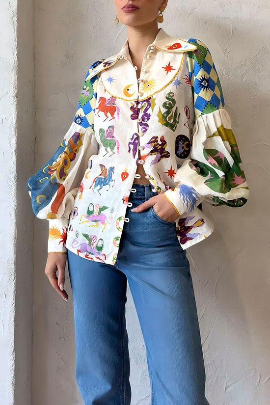 Playful Print Balloon Sleeve Blouse
