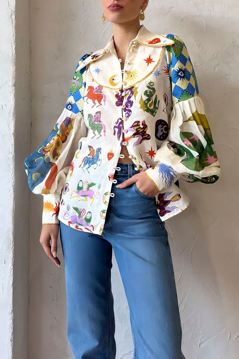 Playful Print Balloon Sleeve Blouse