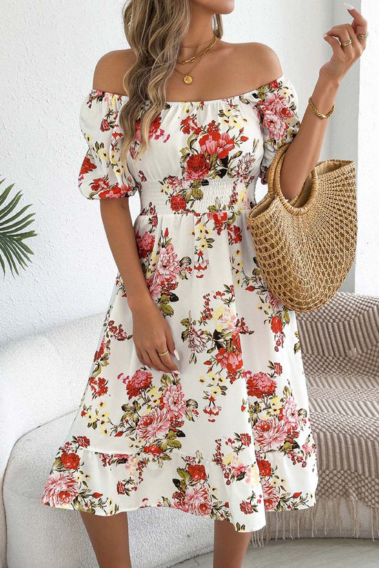 Off-Shoulder Floral Puff Sleeve Dress