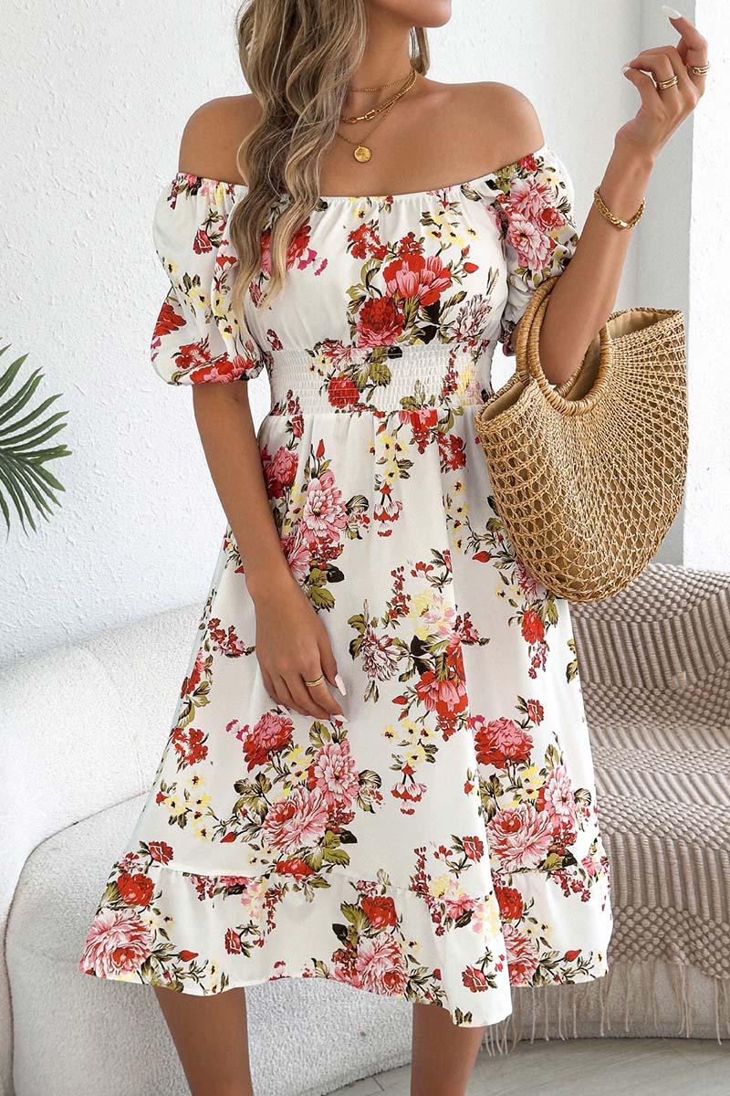 Off-Shoulder Floral Puff Sleeve Dress