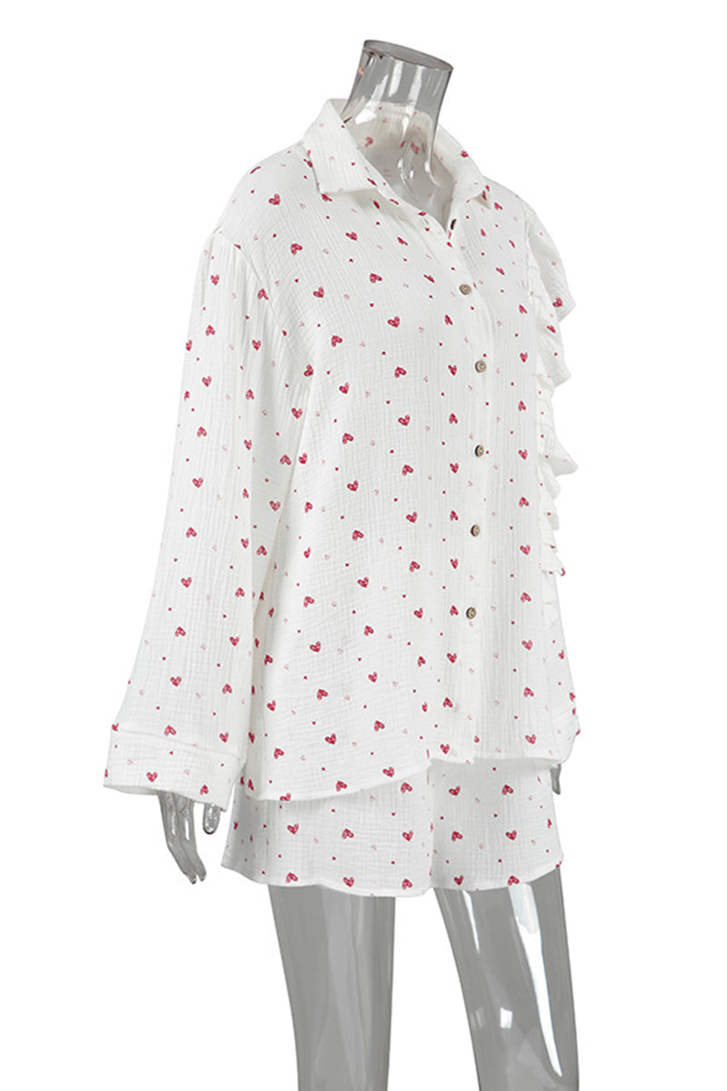 Heart Print Ruffle Pajama Set
