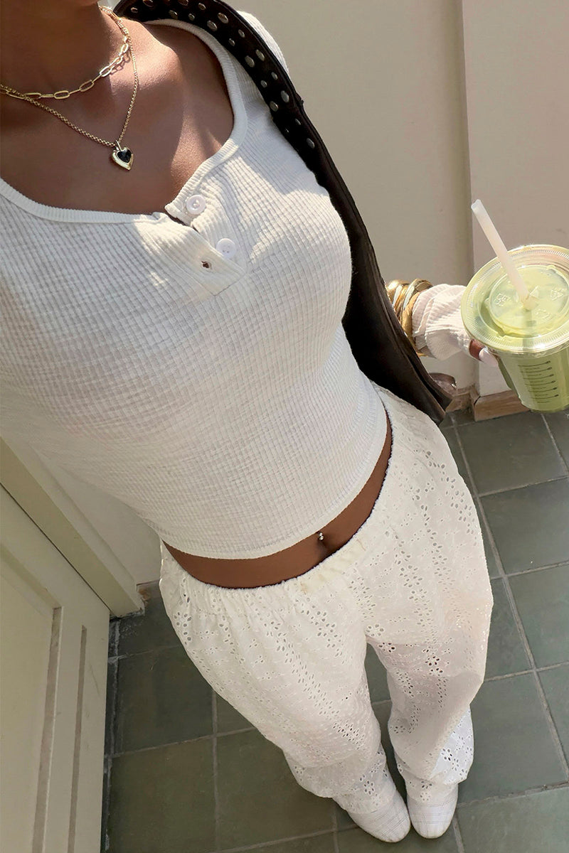 Eyelet Design Casual Wide-Leg Pants