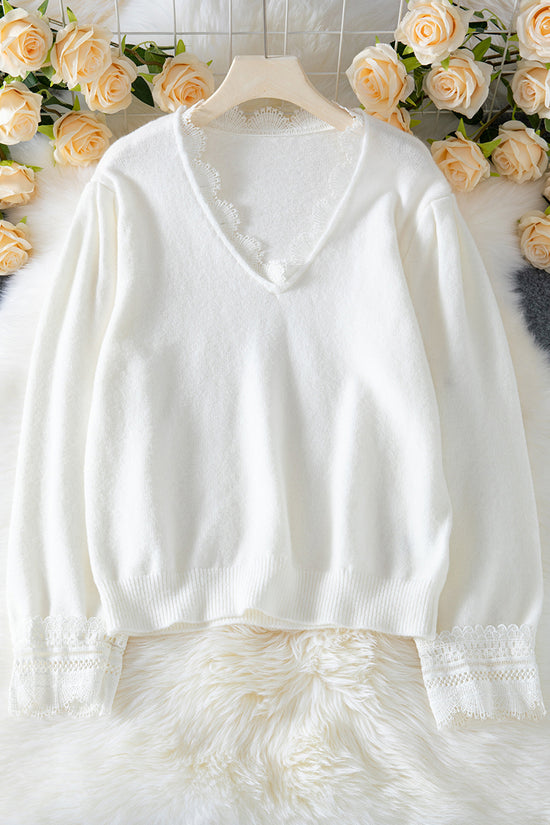 Lace Trim V-Neck Sweater