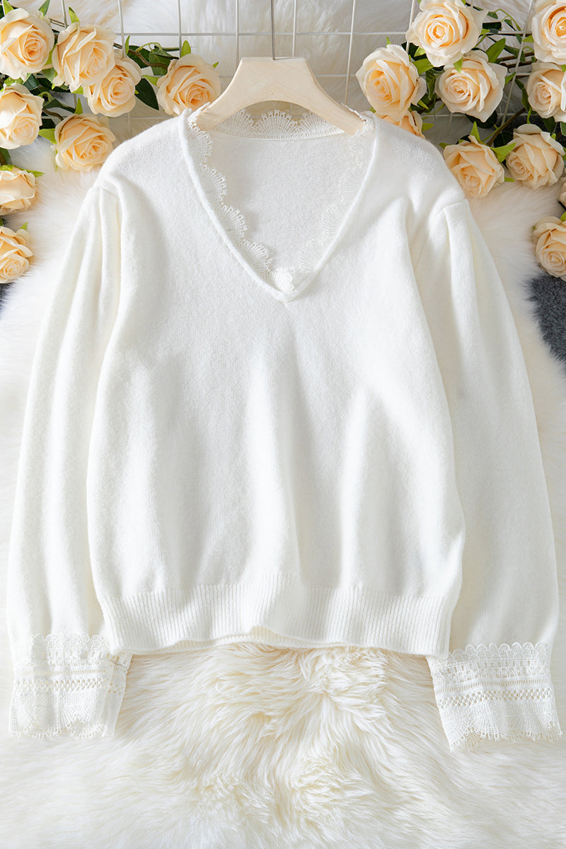 Lace Trim V-Neck Sweater