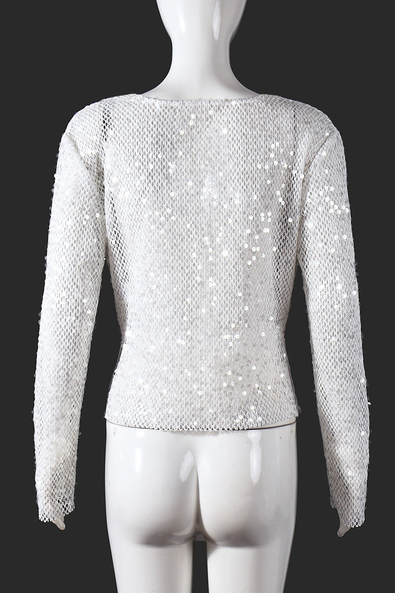 Plunging Sequin Long Sleeve Blouse