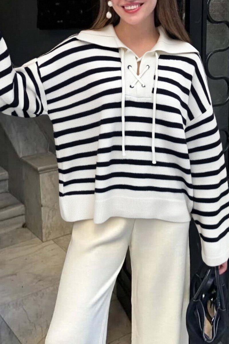 Striped Lace-Up Casual Hoodie