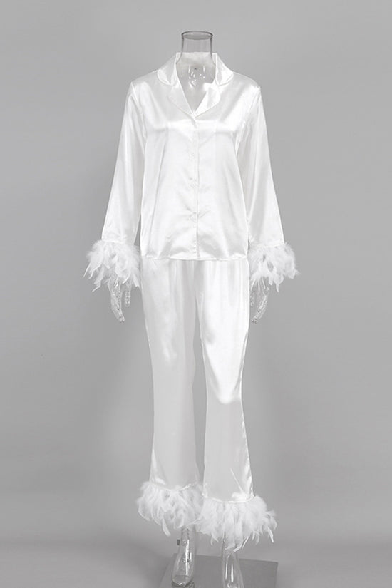 Feather Trim Buttoned Loungewear Set