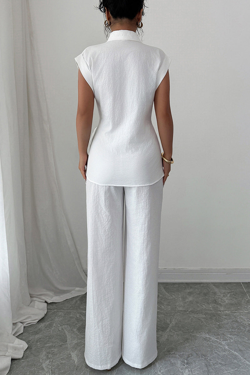 Elegant Sleeveless Shirt and Wide-Leg Pants Set