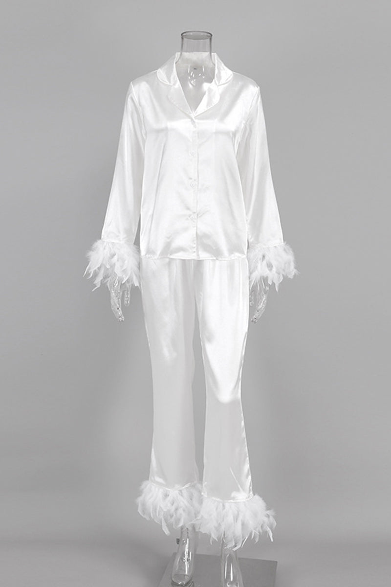 Feather Trim Buttoned Loungewear Set