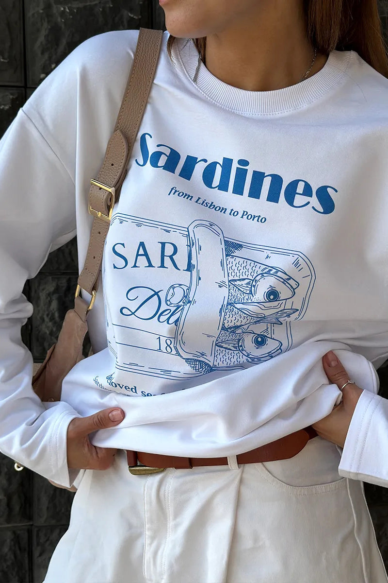 Graphic Sardine Print Long Sleeve T-Shirt