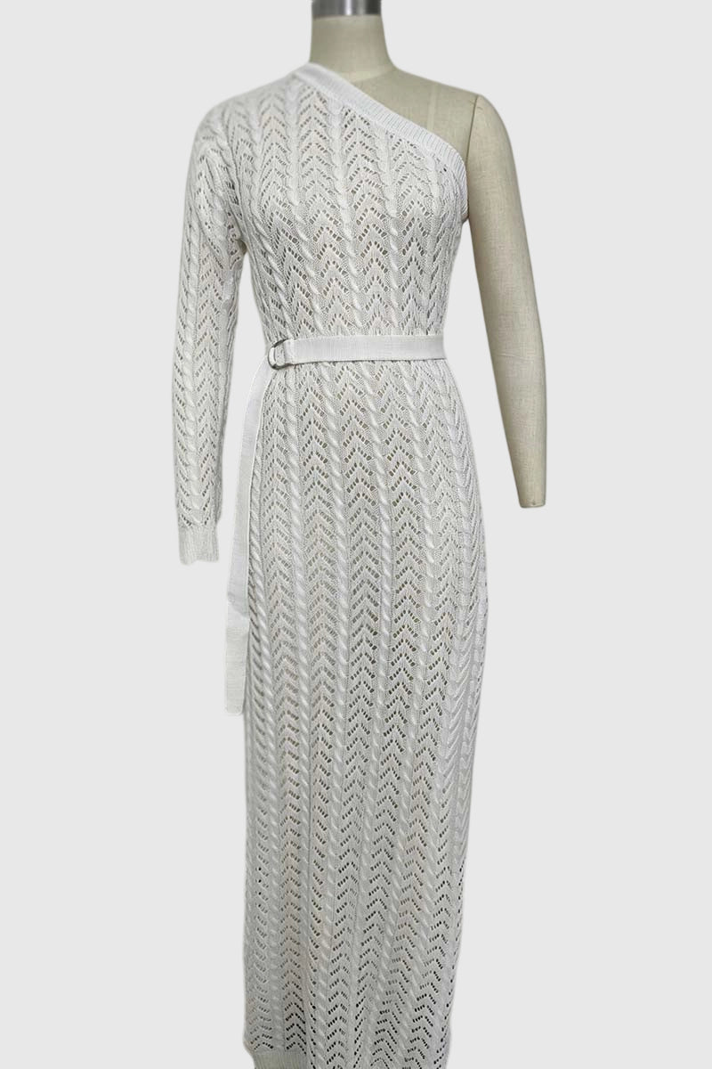 One-Shoulder Knit Belted Casual Dress