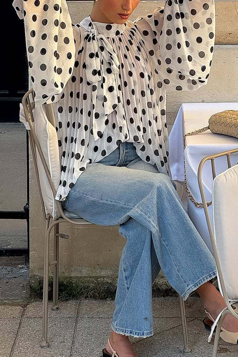 Polka Dot Ruffled Blouse with Flowing Sleeves