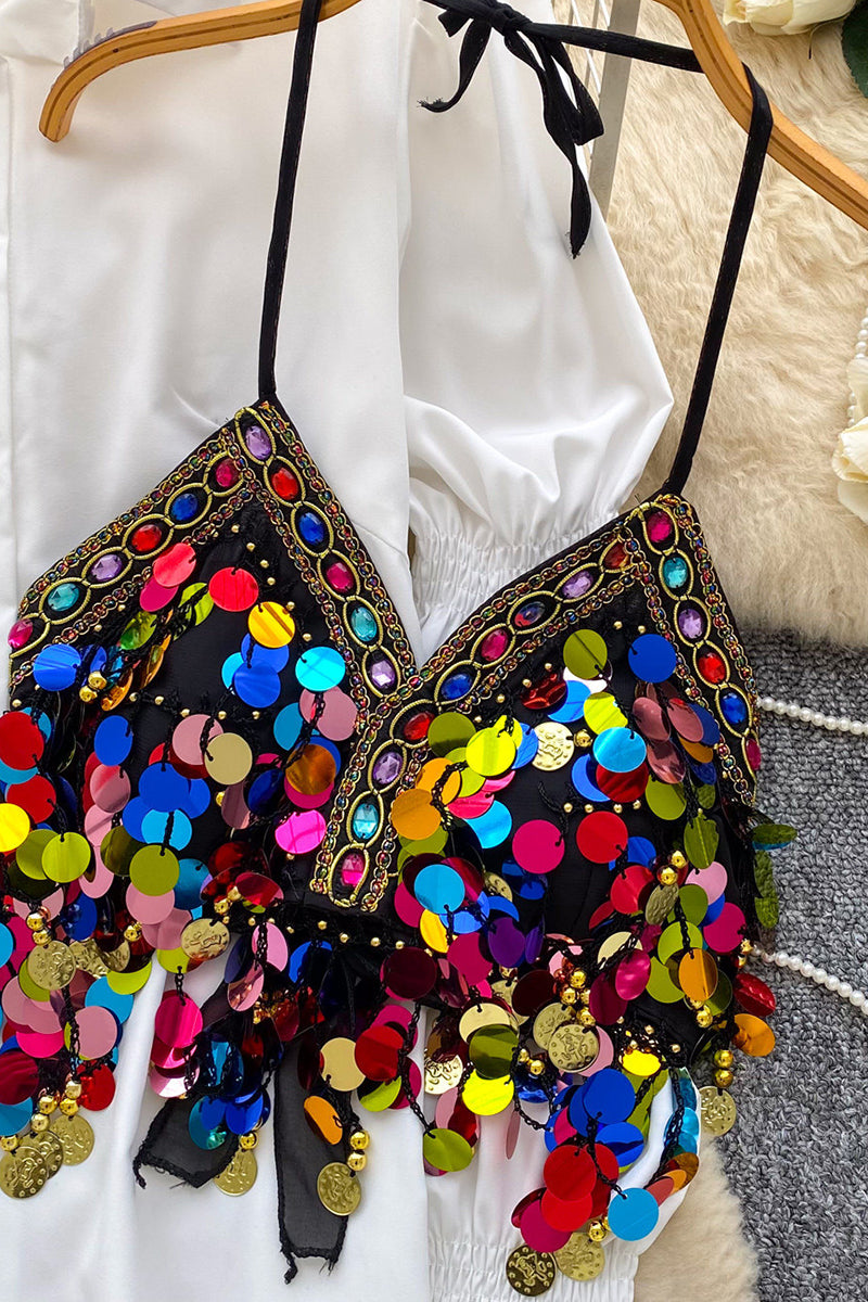 Embellished Sequin Ruched Sleeve Blouse