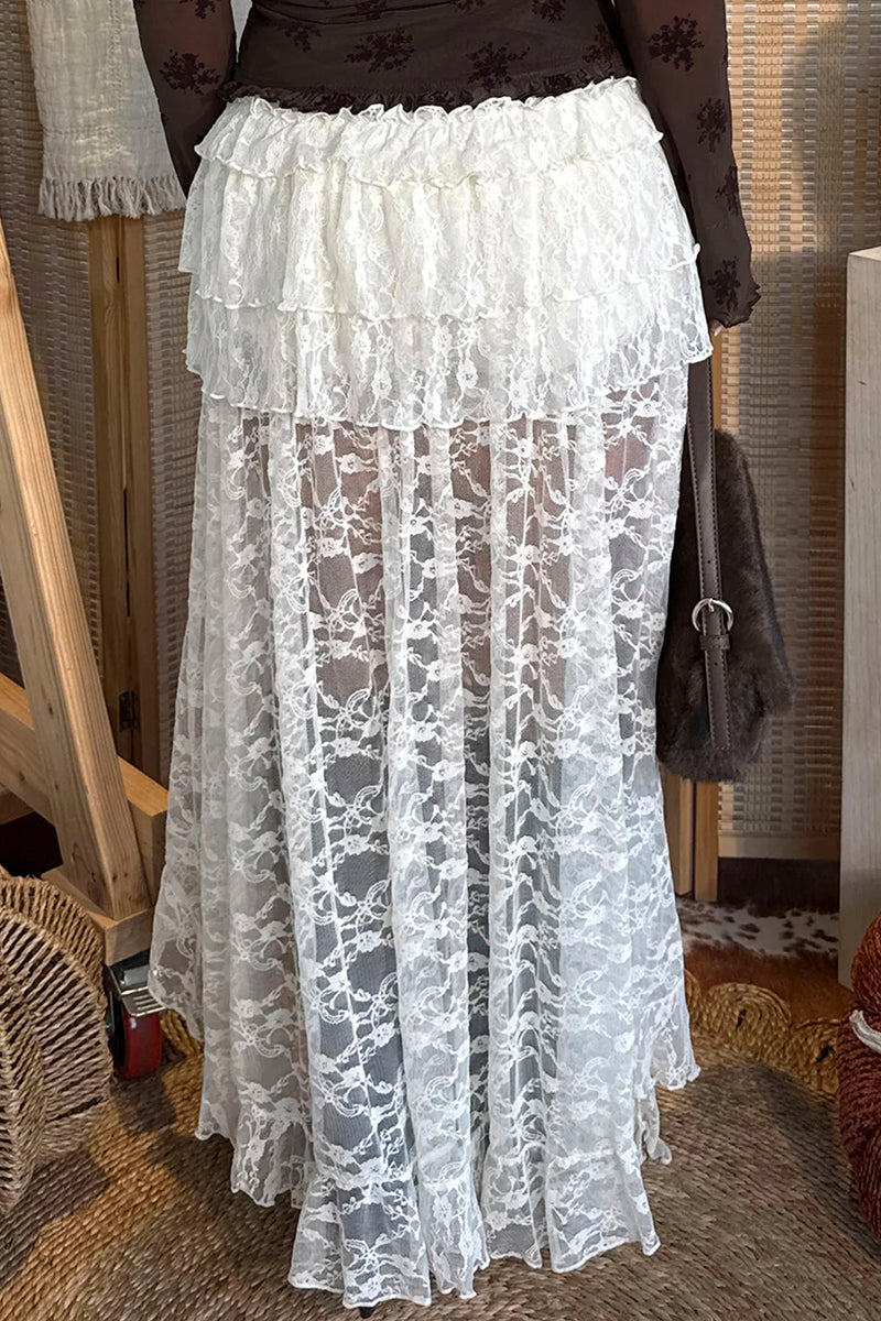 Sheer Lace Ruffled High Low Skirt