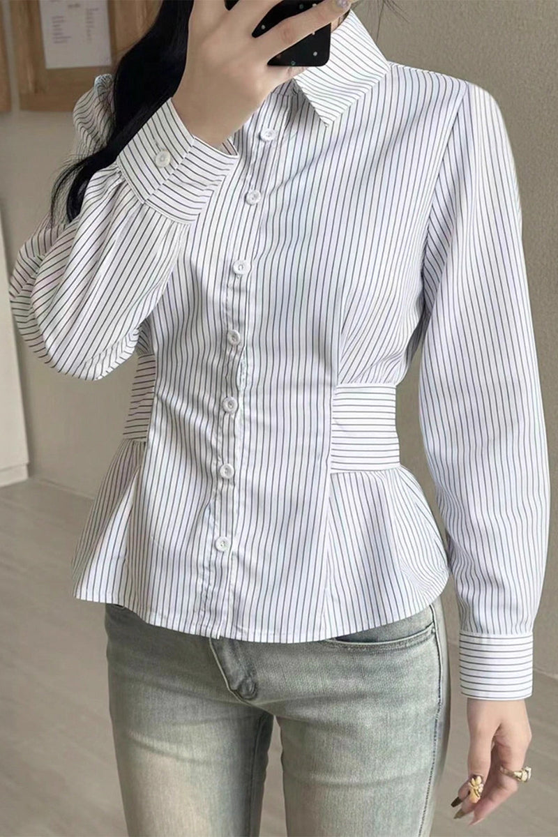 Stripe Pattern Button-Up Blouse