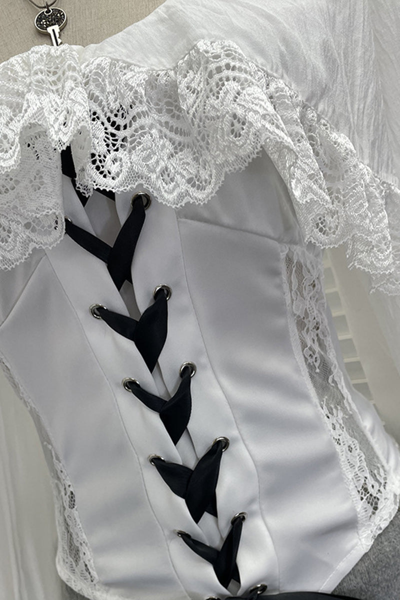 Lace-Up Corset Blouse with Ruffle Detail