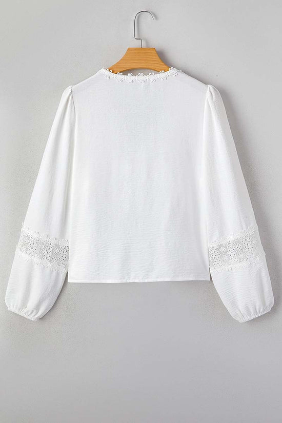 Solid Floral Guipure Lace   Long Sleeve Blouse