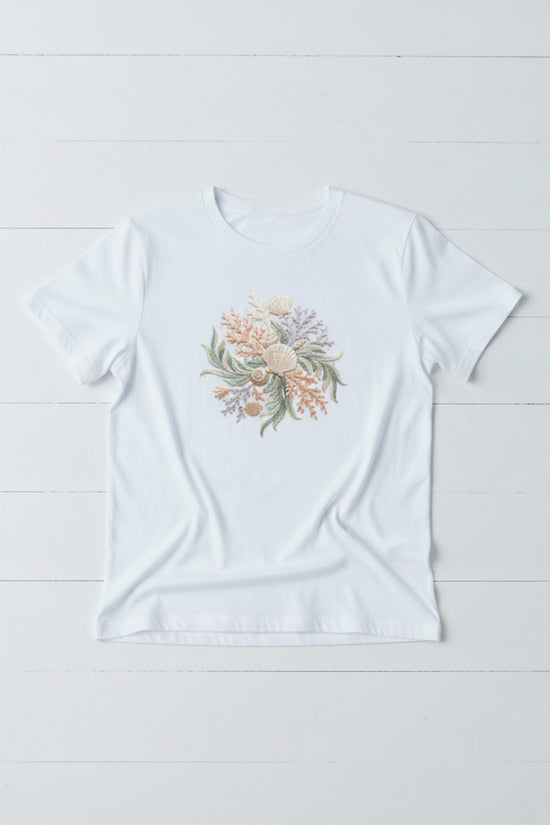 Coral Bloom Embroidered T-Shirt