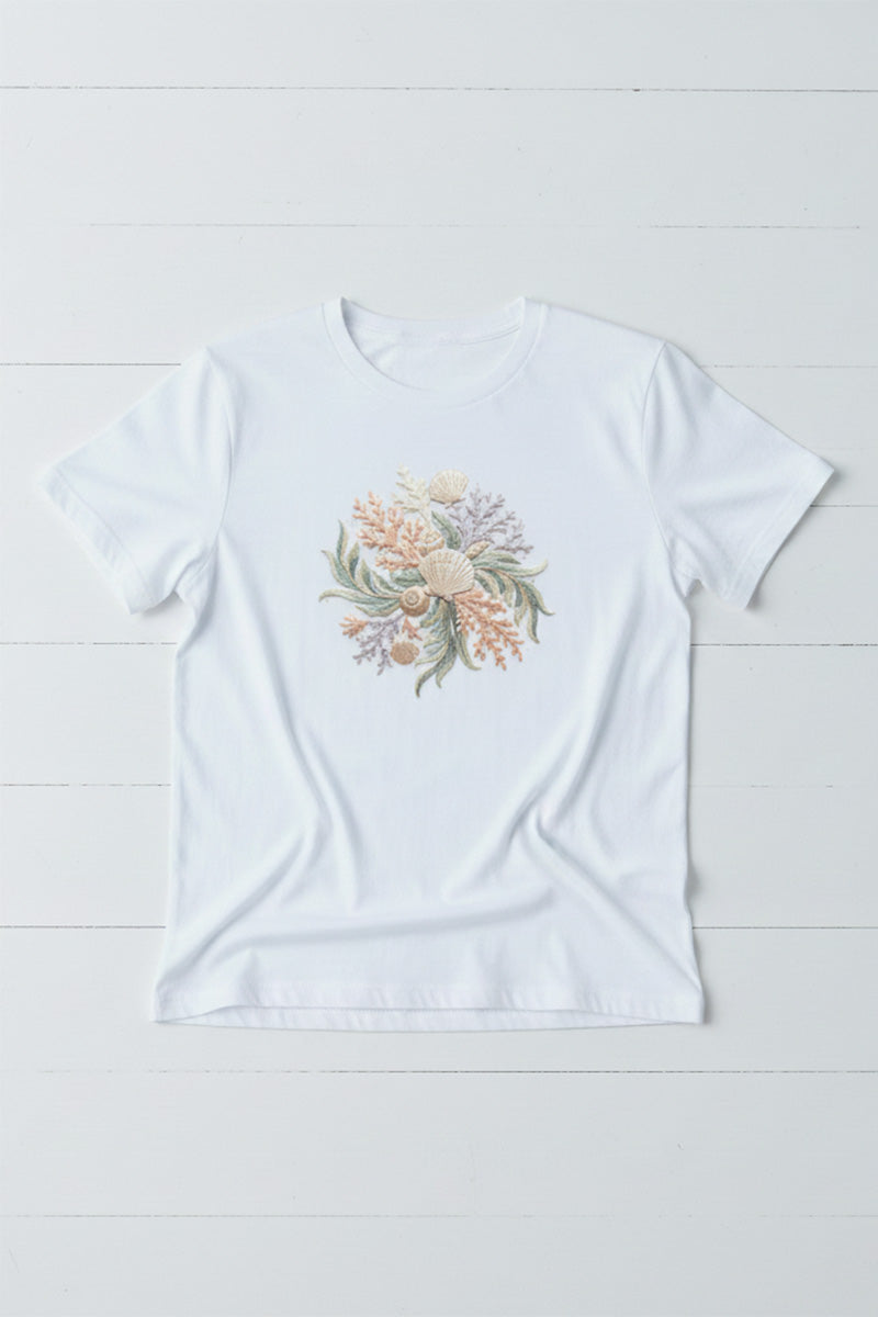 Coral Bloom Embroidered T-Shirt