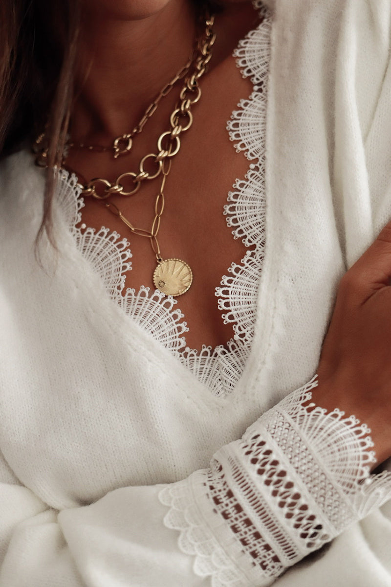 Lace Trim V-Neck Sweater