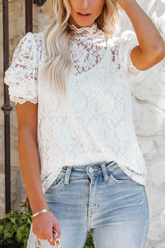 High Neck Lace Short Sleeve Blouse Set