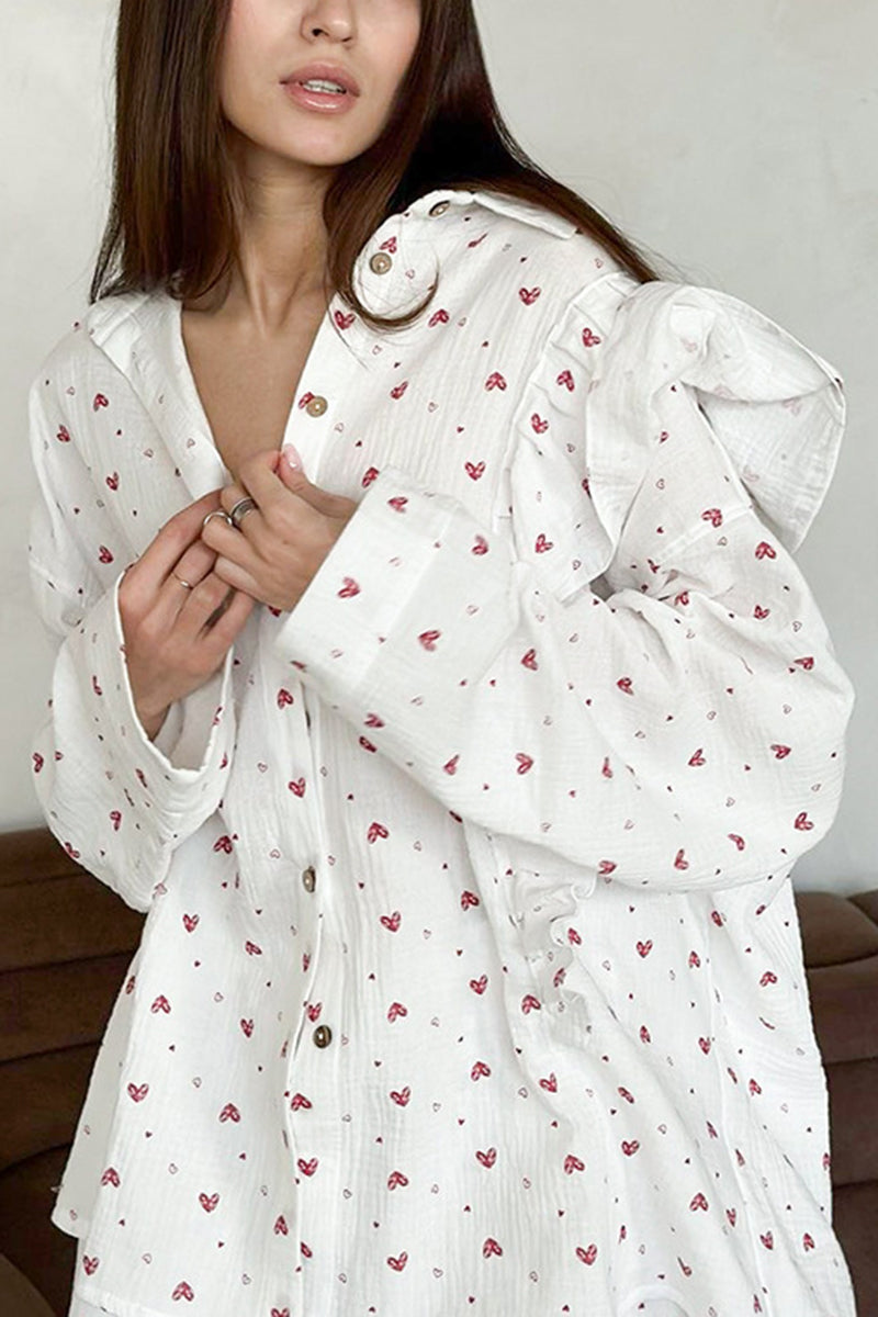Heart Print Ruffle Pajama Set