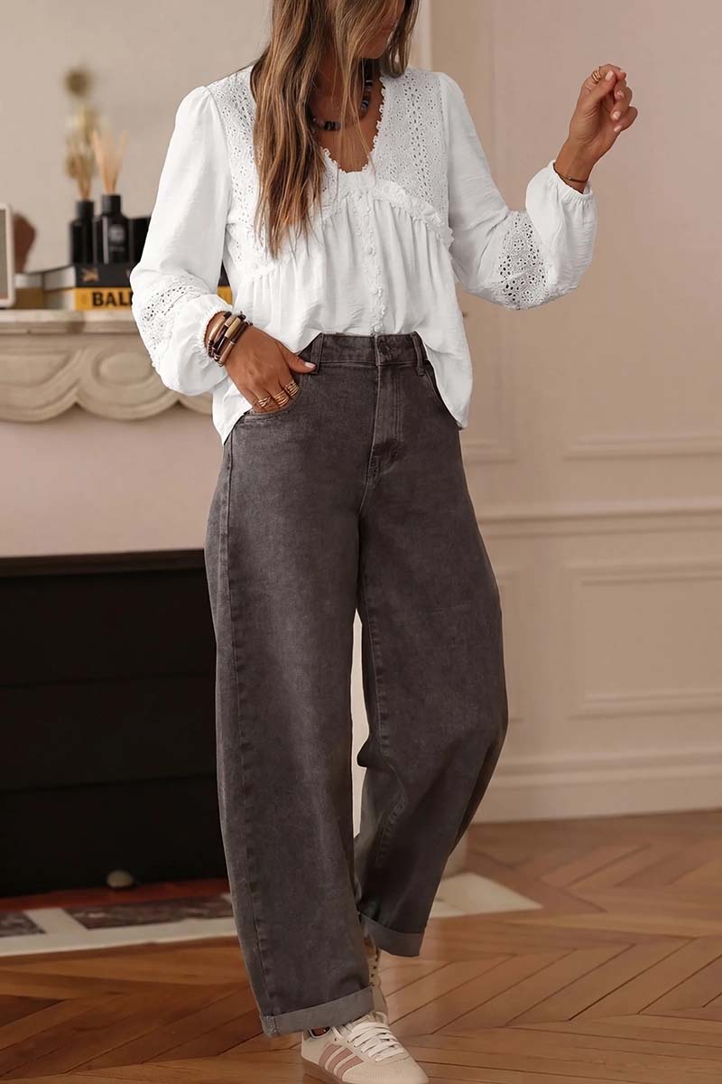 Solid Floral Guipure Lace   Long Sleeve Blouse