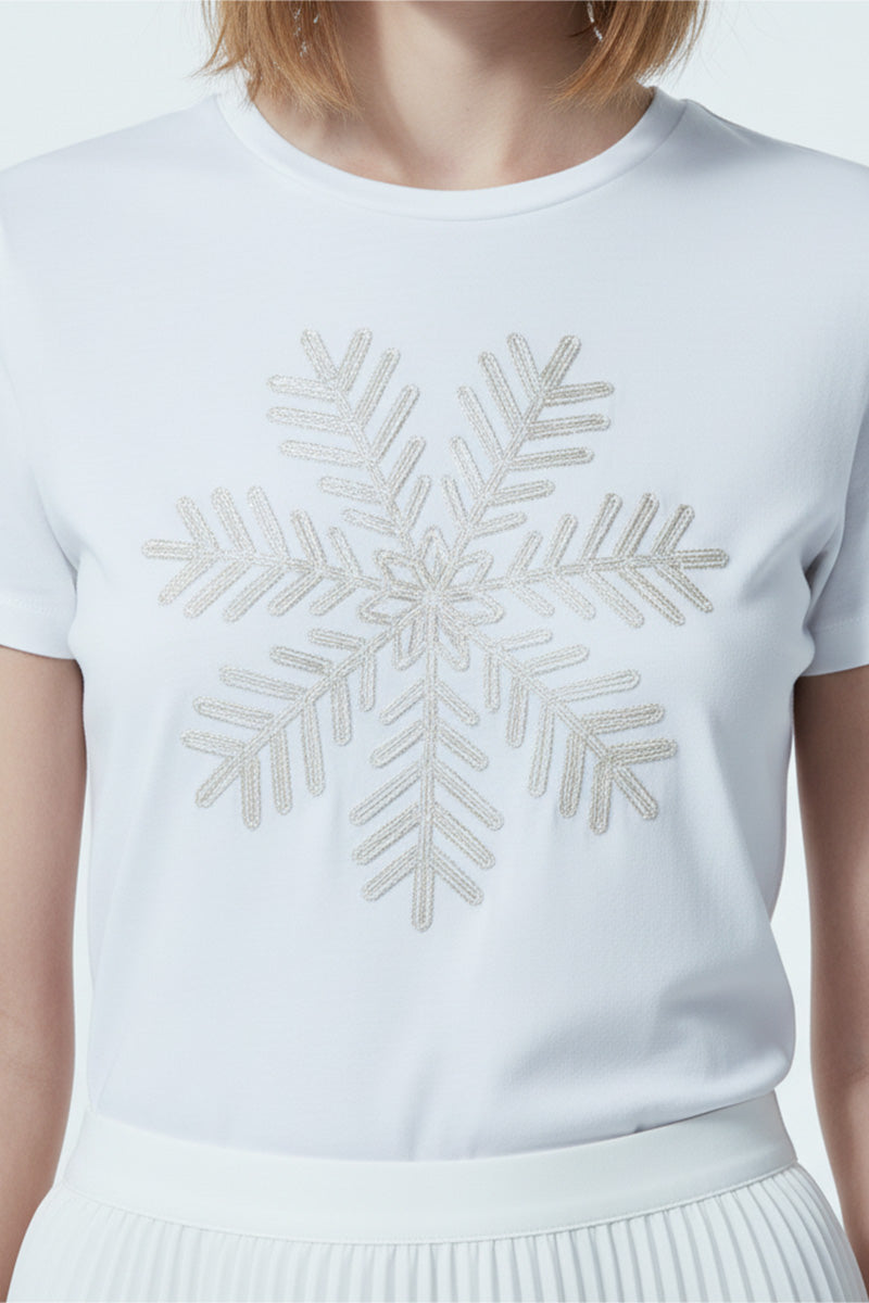 White Snowflake Embroidered T-Shirt