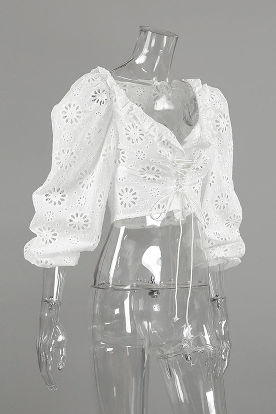 Eyelet Ruffle Long Sleeve Blouse