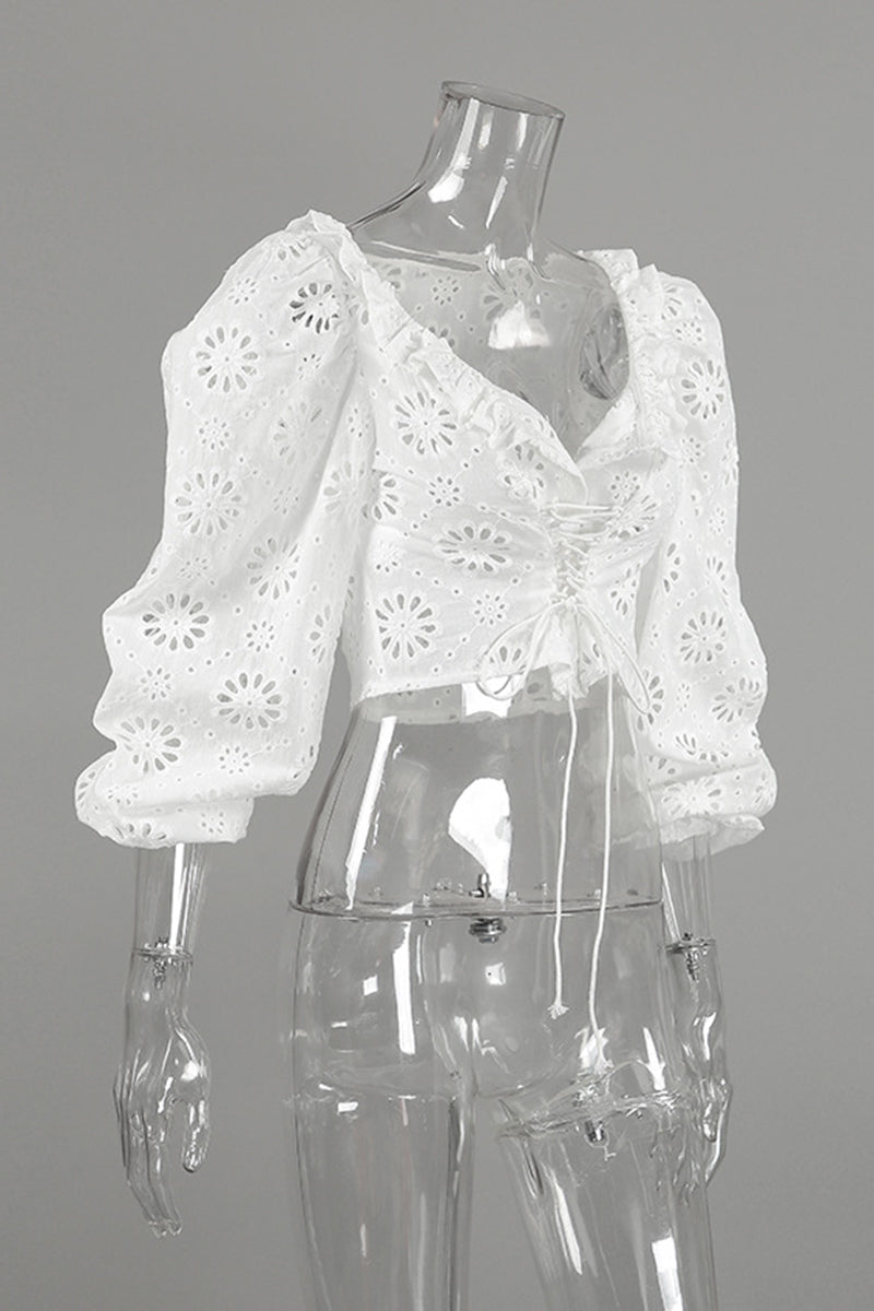 Eyelet Ruffle Long Sleeve Blouse