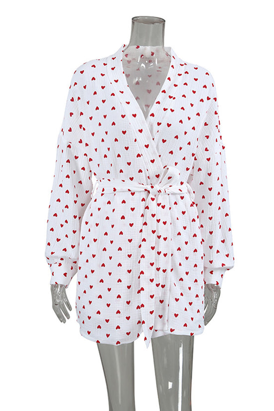 Heart Patterned Tie Waist Loungewear Set