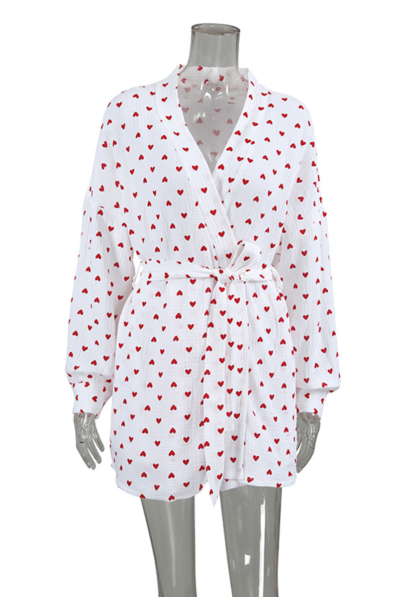 Heart Patterned Tie Waist Loungewear Set