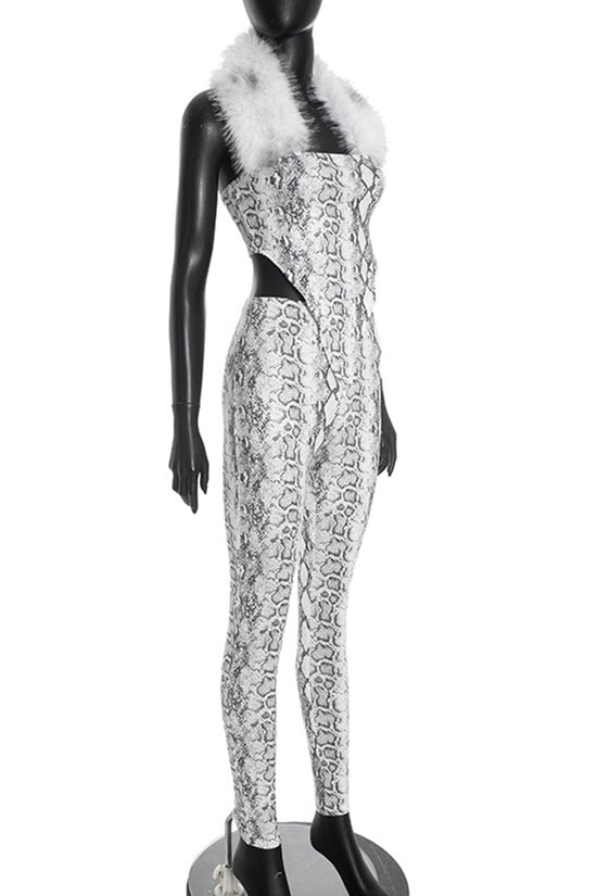 Snake Print Fur Collar Pants Set