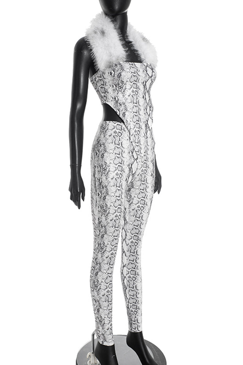 Snake Print Fur Collar Pants Set