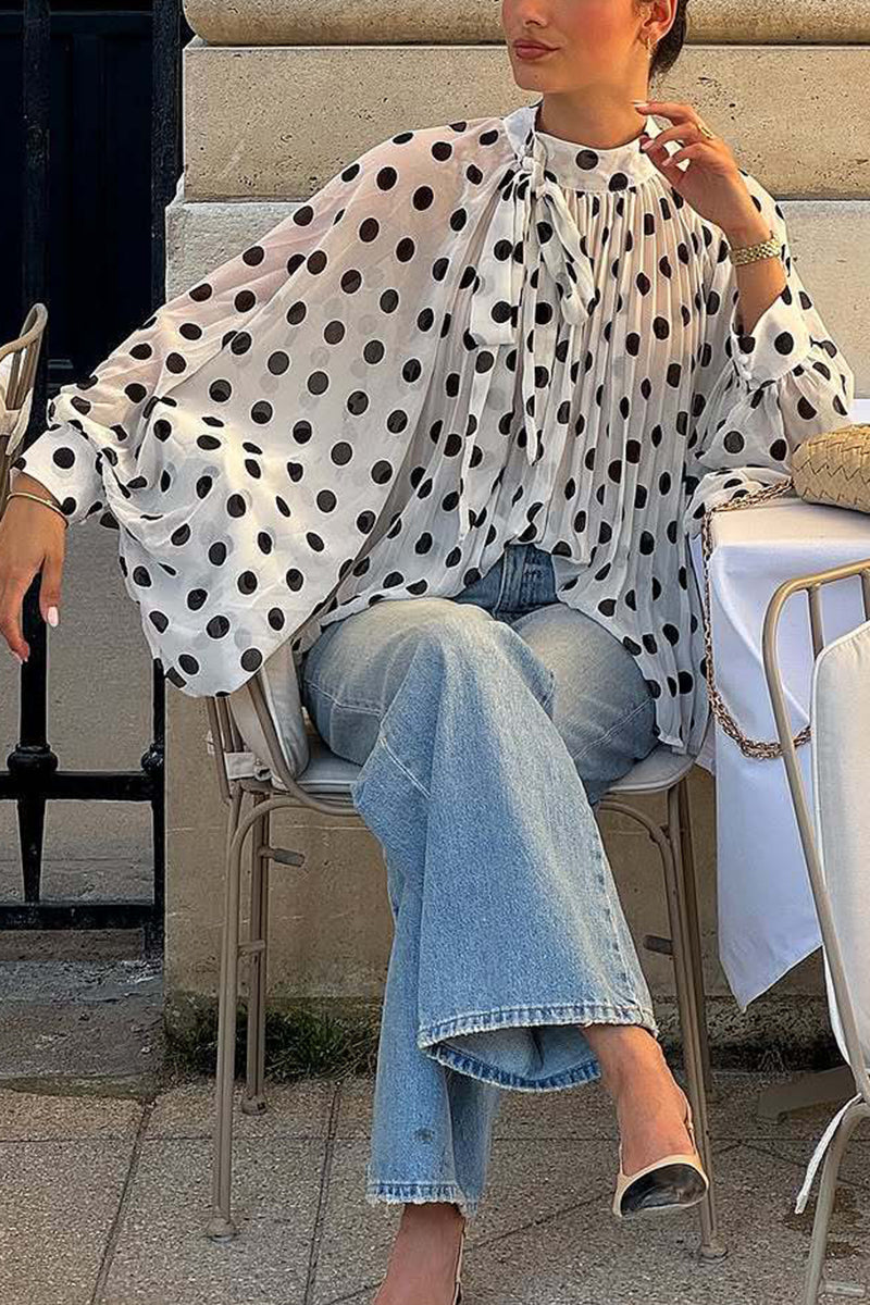 Polka Dot Ruffled Blouse with Flowing Sleeves