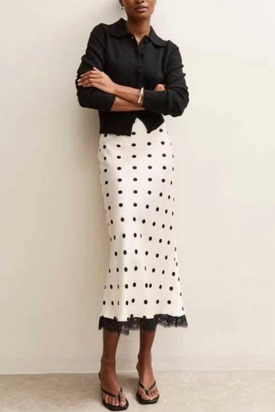 Polka Dot Midi Skirt with Lace Hem