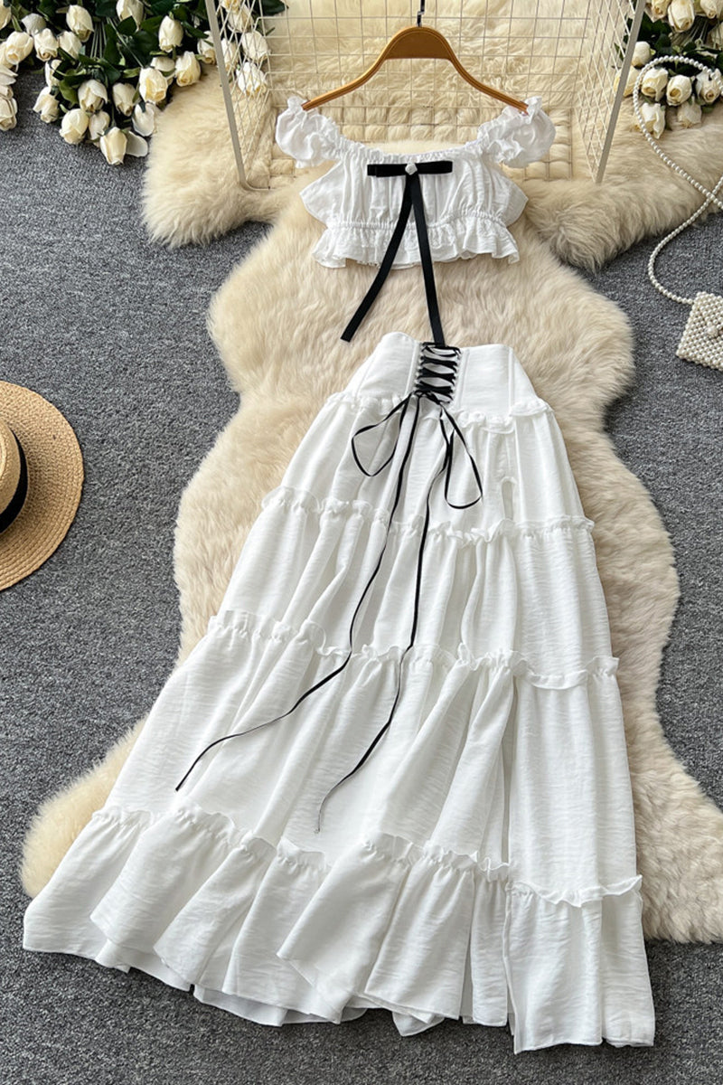 Ruffled Off-Shoulder Lace-Up Skirt Set