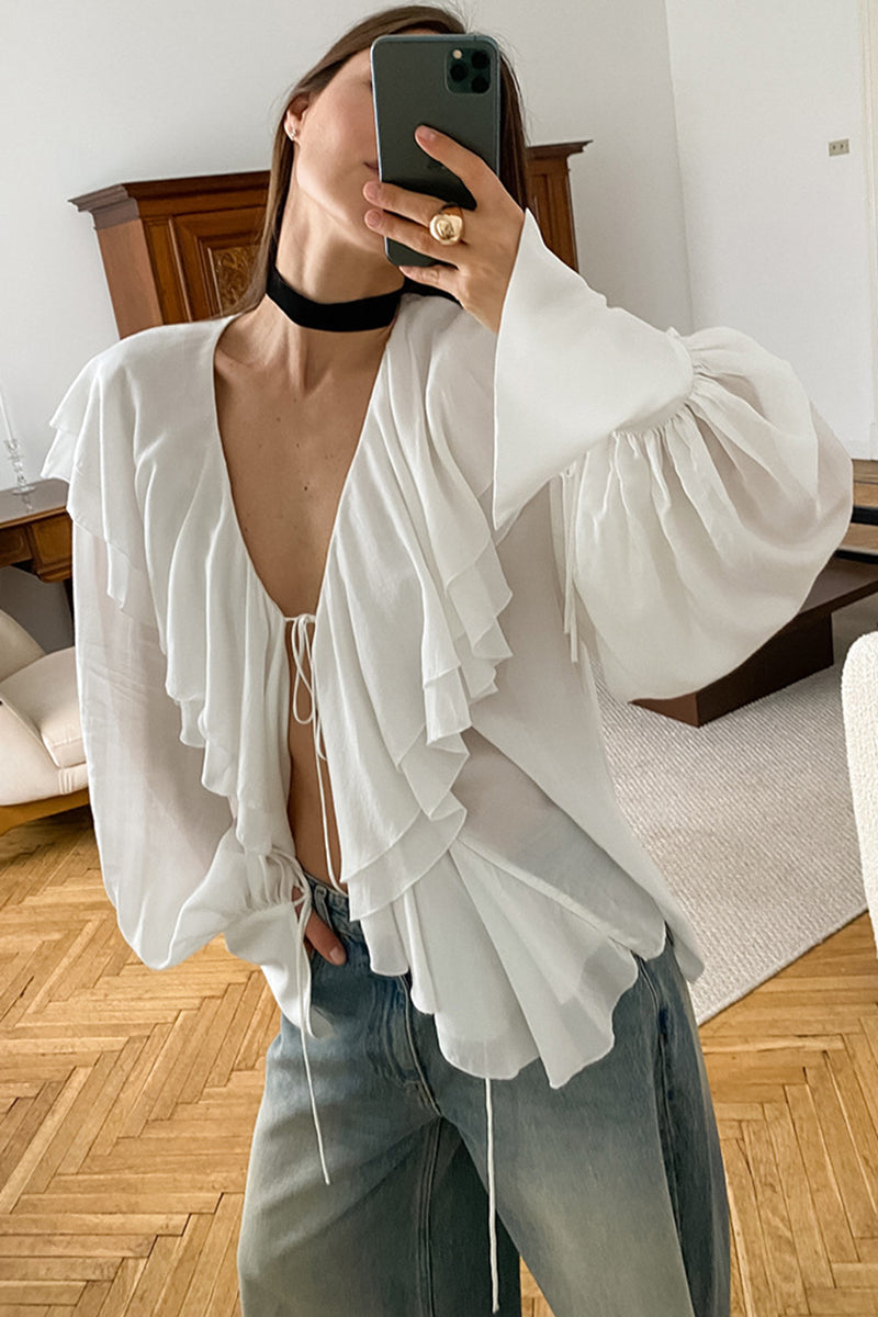Ruffled Deep-V Long Sleeve Blouse