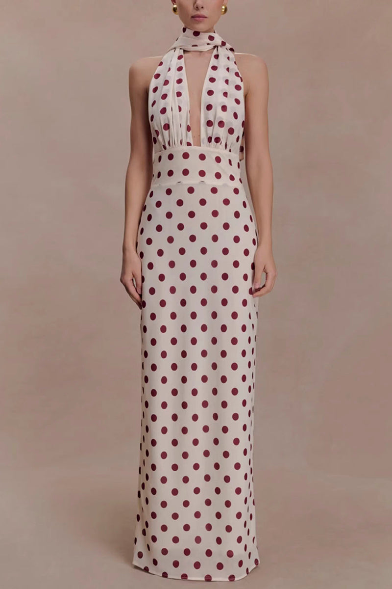 Halter Neck Polka Dot Maxi Dress