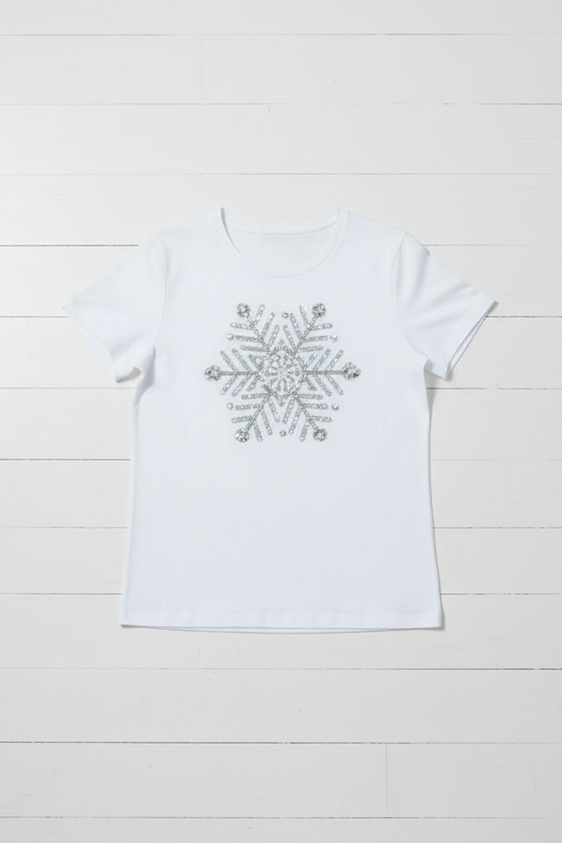 Silver Crystal Snowflake Embroidered T-Shirt